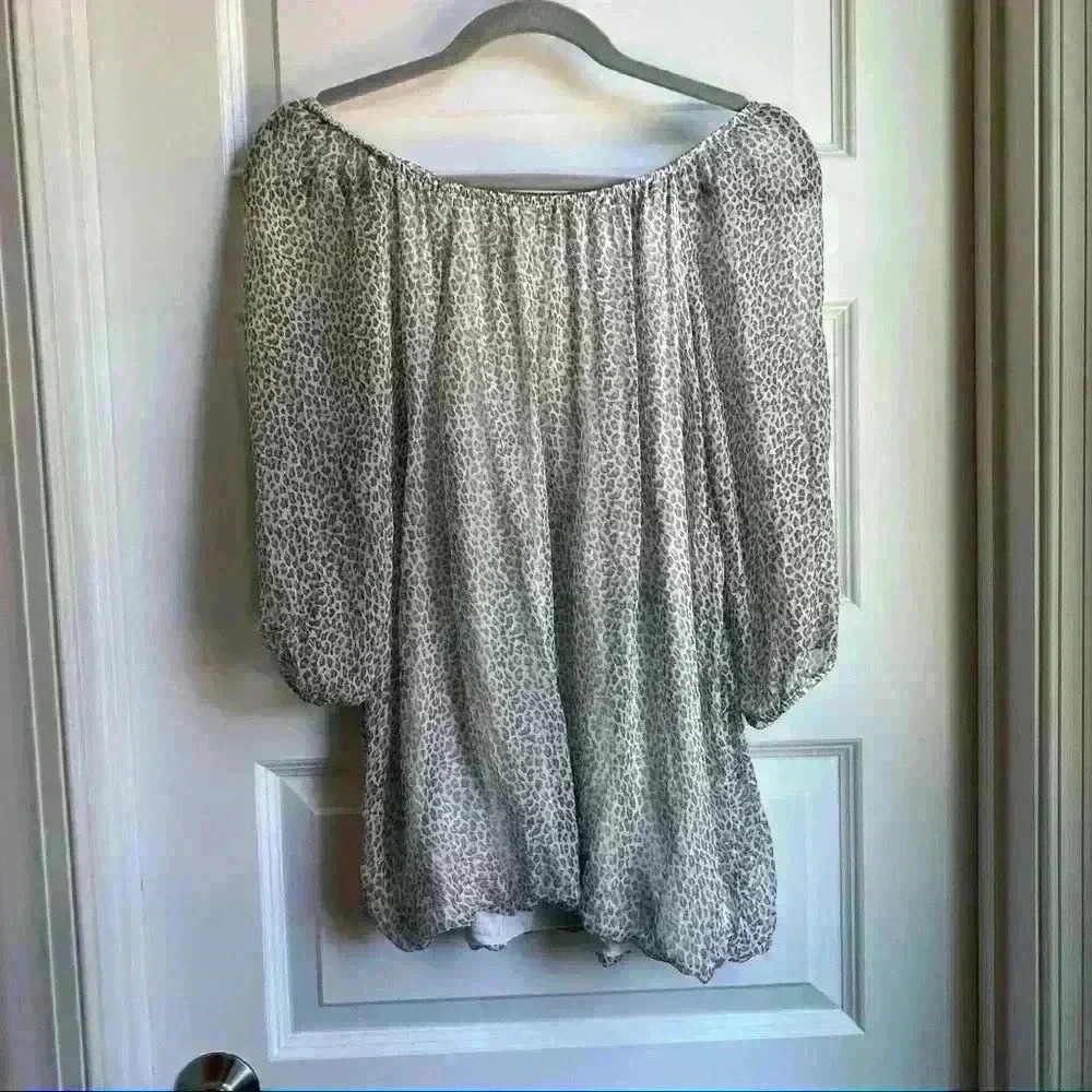 Elena Baldi Sheer Sleeve Leopard Blouse with Elastic Hem Size M Medium